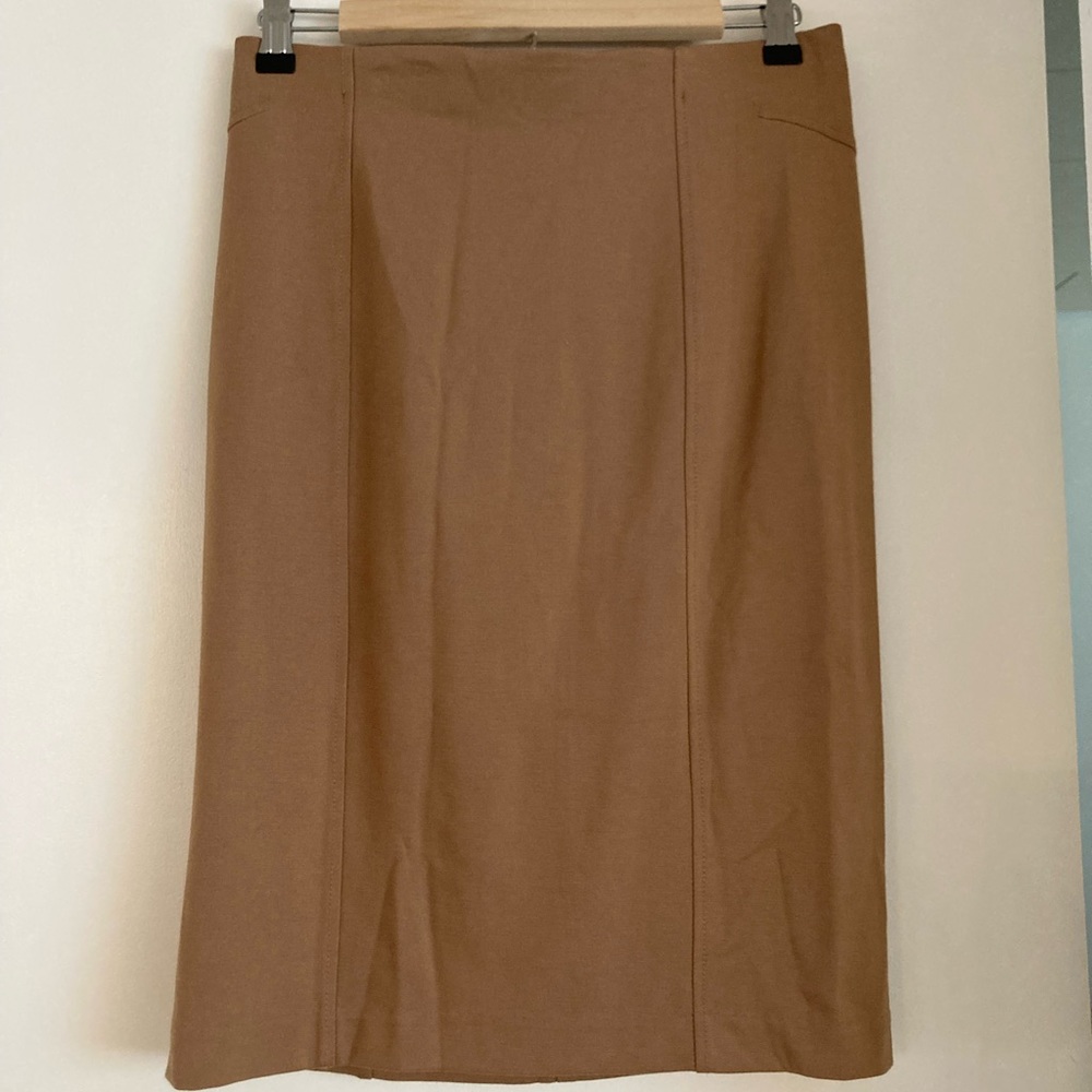Camel/tan midi pencil stretch knit skirt